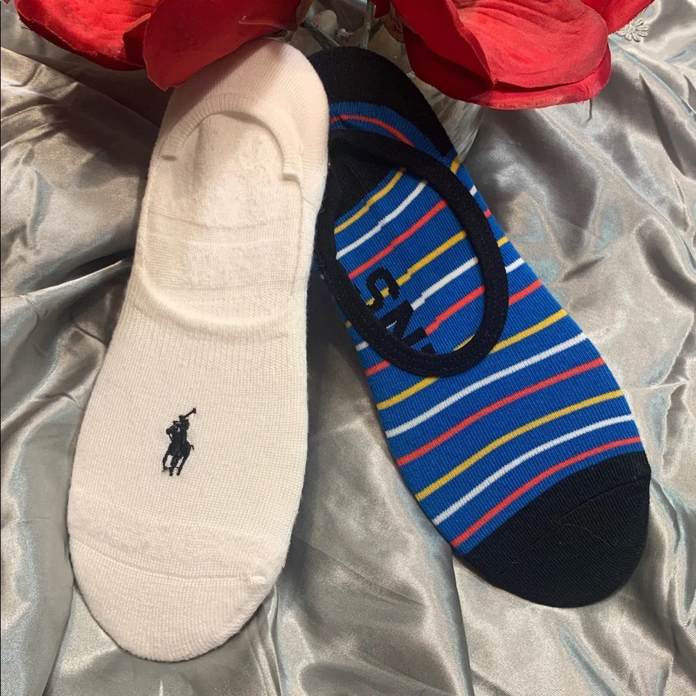 🌹 New Polo by Ralph Lauren & Vans Men’s No-Show Socks - White & Blue Stripes